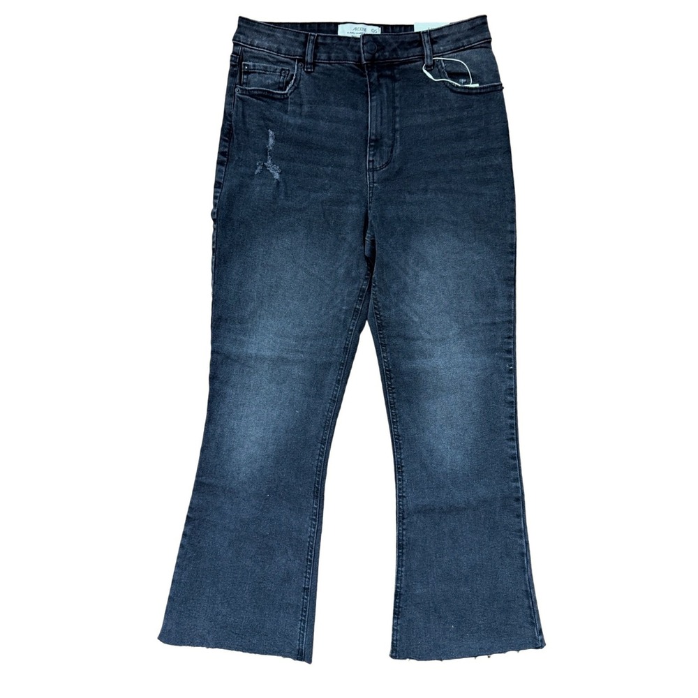 Ardene Womens High Rise‎ Flare Jeans Washed Black Distressed Raw Hem Size 5 NEW